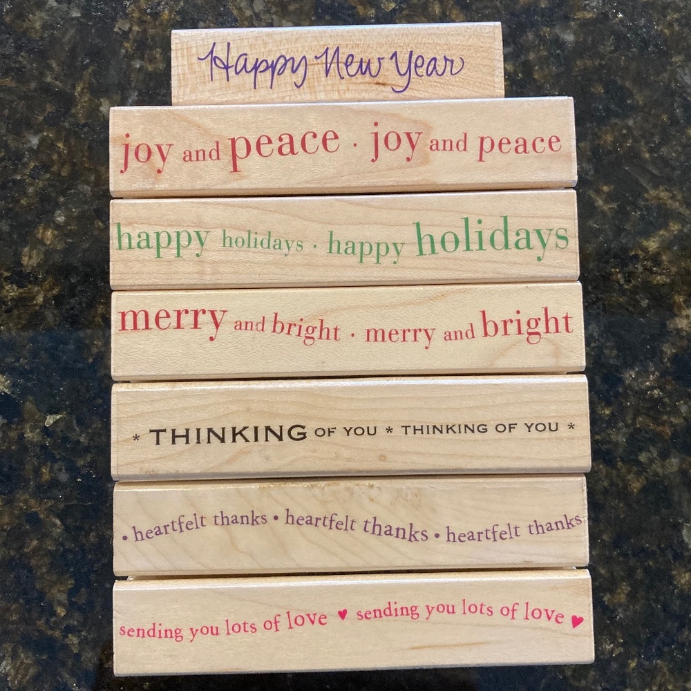 7 RUBBER STAMPS Greetings 🌸Wood Mounted Ink Pad Stamps HOLIDAYS New Year LOVE